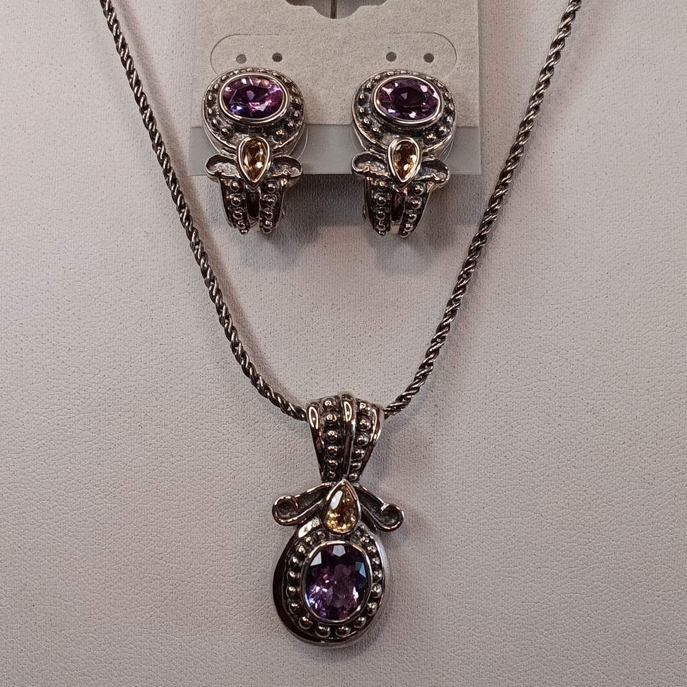 OC Tanner Sterling Silver Amethyst Pendant Necklace Pierced Earrings Set